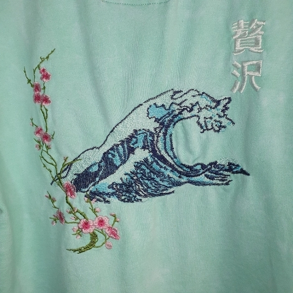 BLIND ROOSTER Embroidered Luxury Ocean Wave Crewneck Sweater Teal‎ Men's Size M - Picture 5 of 11
